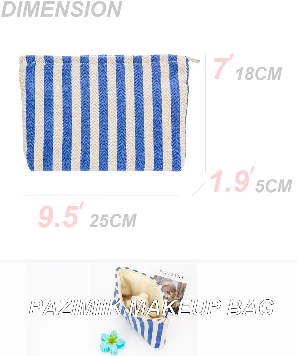 Flat Makeup Bag for Women,Zipper Cosmetic Pouch for Purse,Stripe Blue