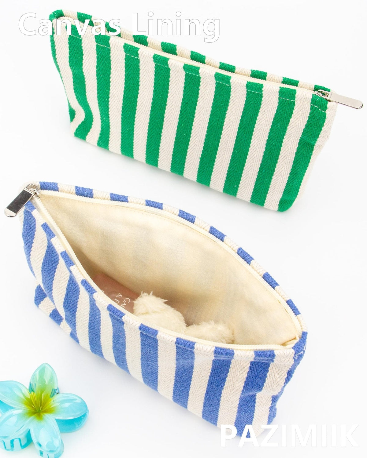 Flat Makeup Bag for Women,Zipper Cosmetic Pouch for Purse,Stripe Blue