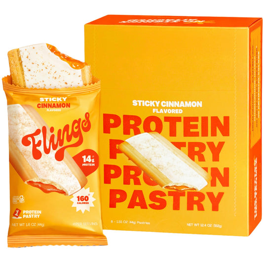 Flings Protein Pastries – 14g Protein, 4g Fiber, 160 Calories | Gluten Free Sticky Cinnamon (8 Pack)