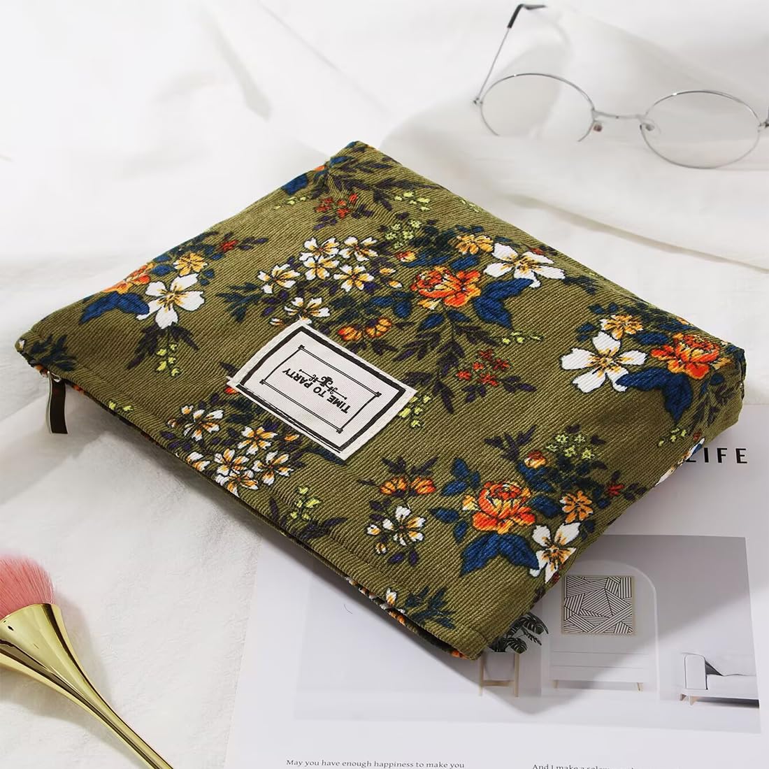 Floral Makeup Bags for Women, Large Cosmetic Pouch for Purse, Dark Green