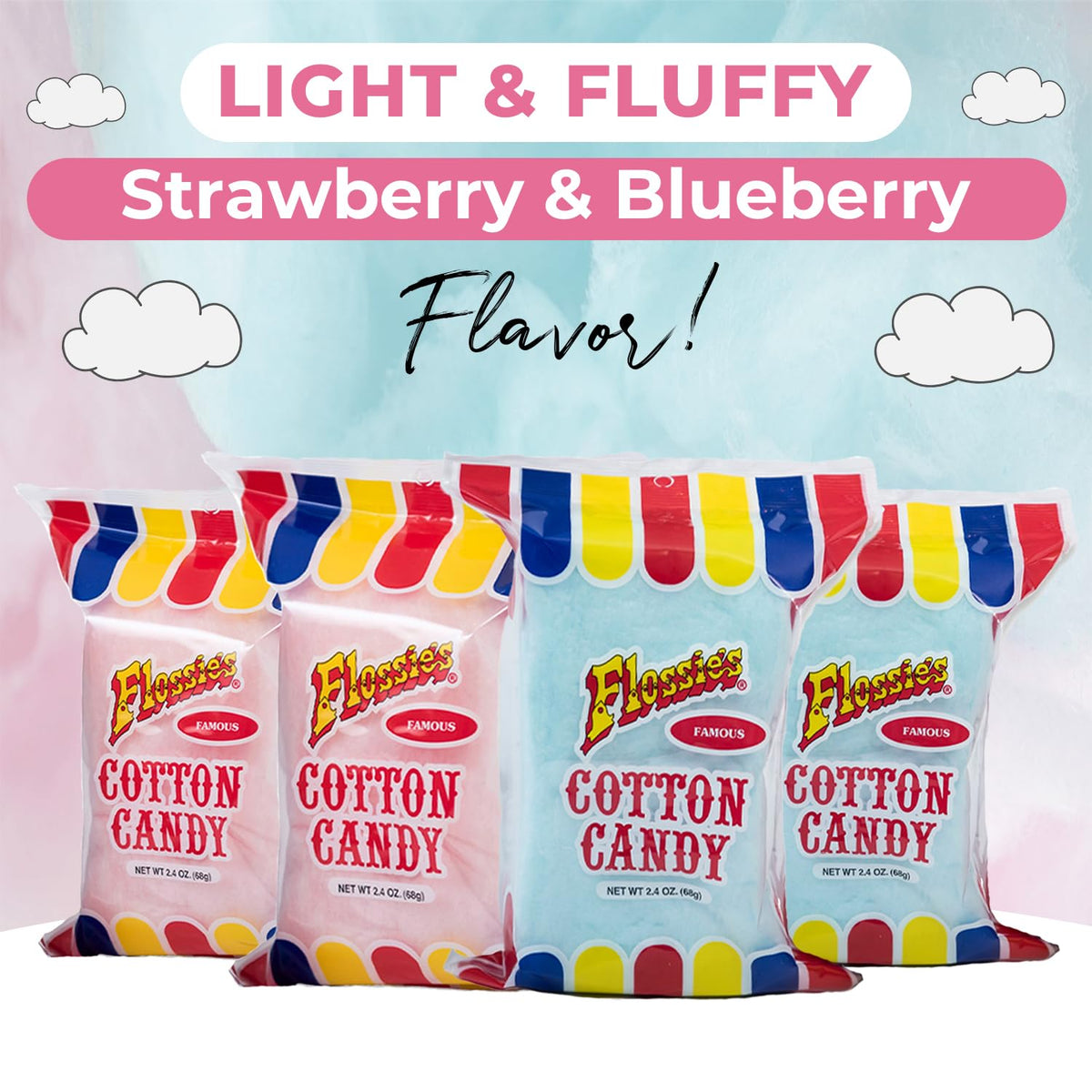 Flossie’s Famous Cotton Candy – Berry Blueberry & Strawberry, Light & Fluffy, 20-Pack