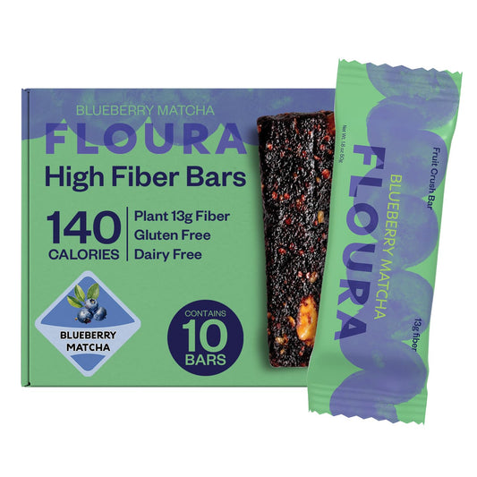 Floura Blueberry Matcha Fiber Bars - Vegan, Gluten & Dairy Free High Fiber Snack (10 Pack)