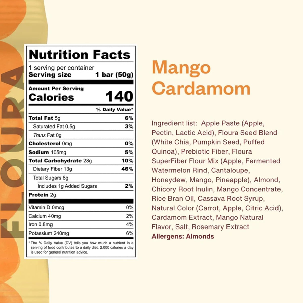 Floura Mango Cardamom Fiber Bars – High Fiber, Vegan, Gluten & Dairy Free (10 Pack)