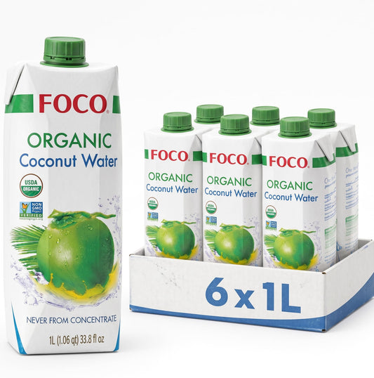 FOCO Coconut Water 33.8 Fl Oz – Pack of 6, Certified Organic, Never From Concentrate