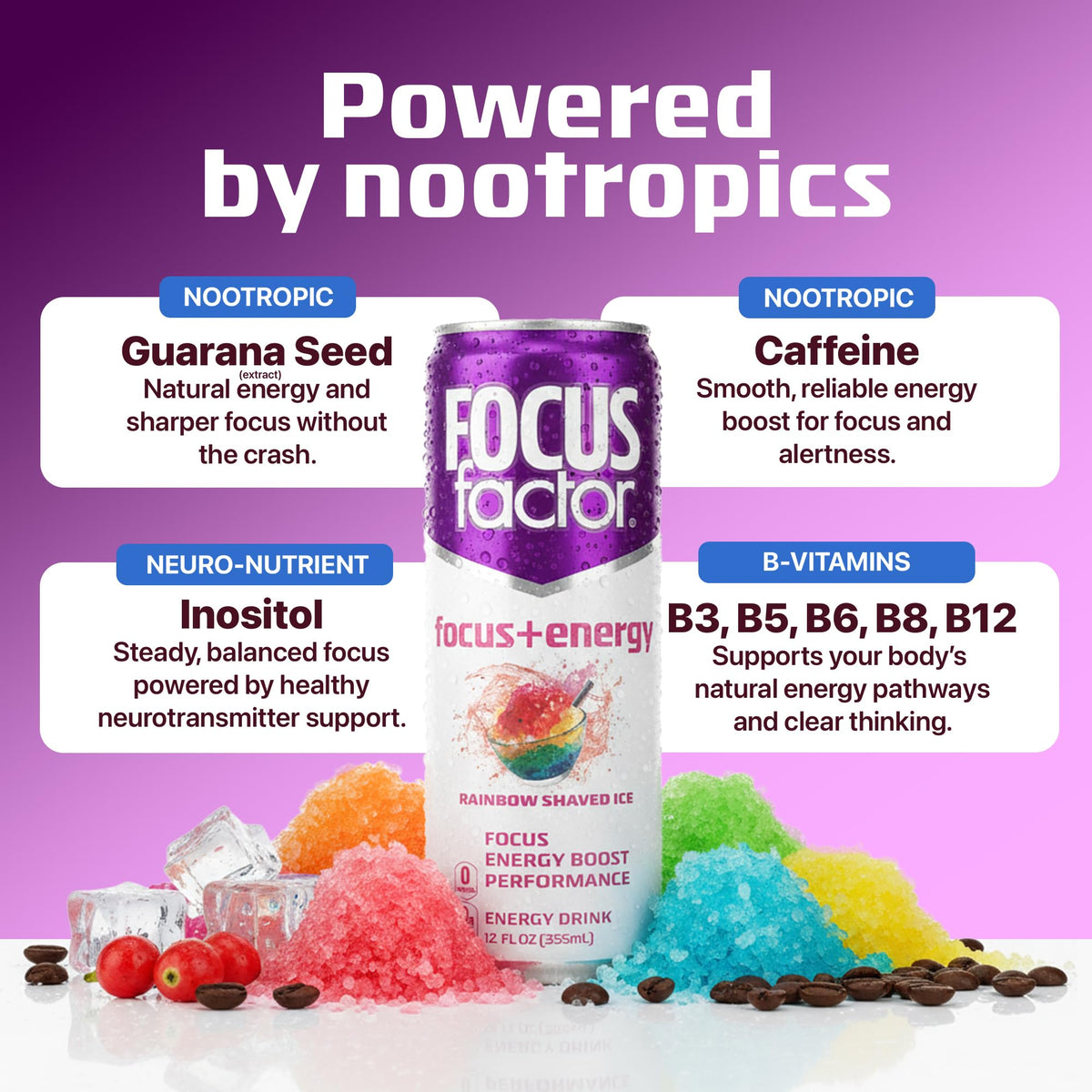Focus Factor Energy Drink Rainbow Shaved Ice - 12 x 355ml Cans | Sugar Free, Low Calorie, with Vitamin B6 & B12