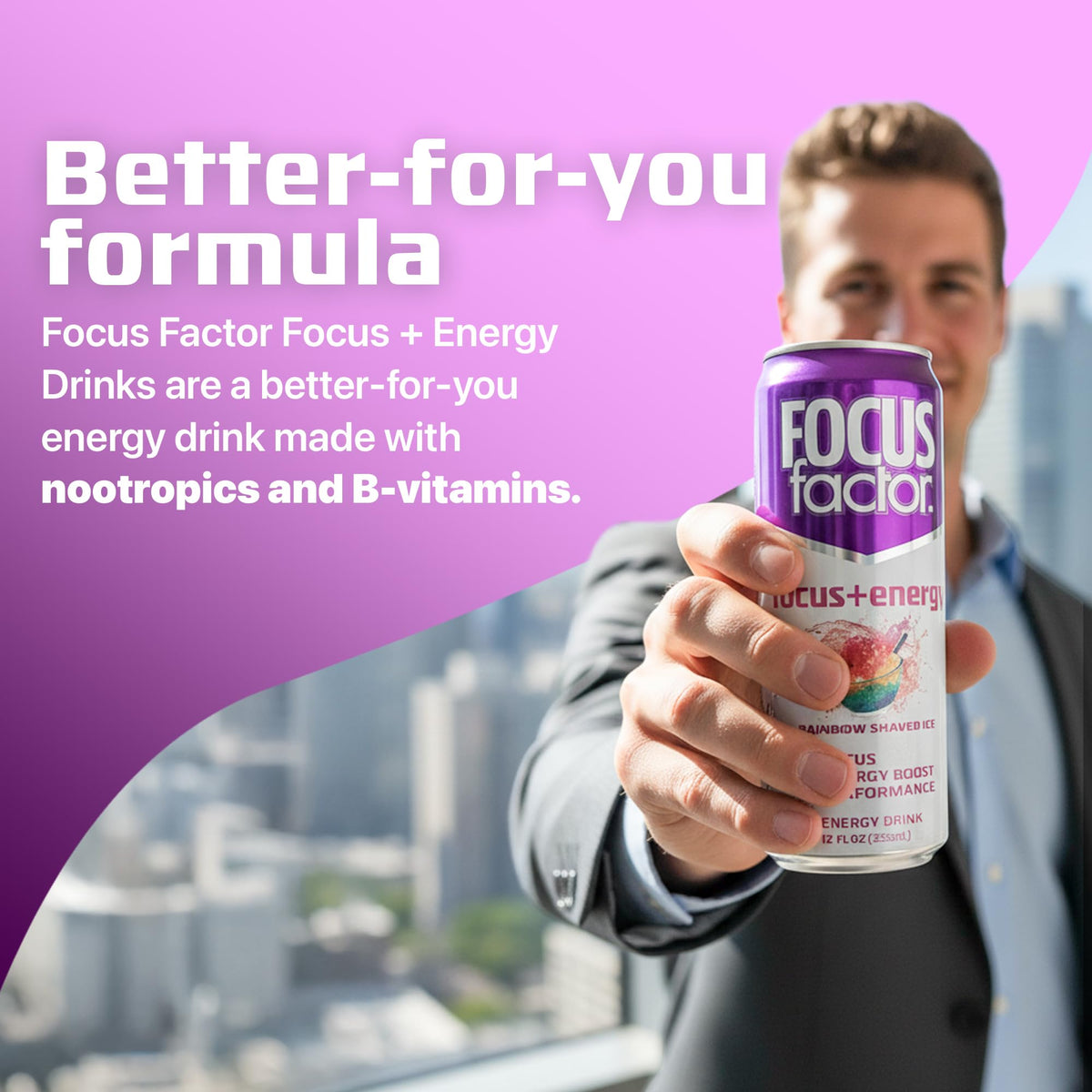 Focus Factor Energy Drink Rainbow Shaved Ice - 12 x 355ml Cans | Sugar Free, Low Calorie, with Vitamin B6 & B12