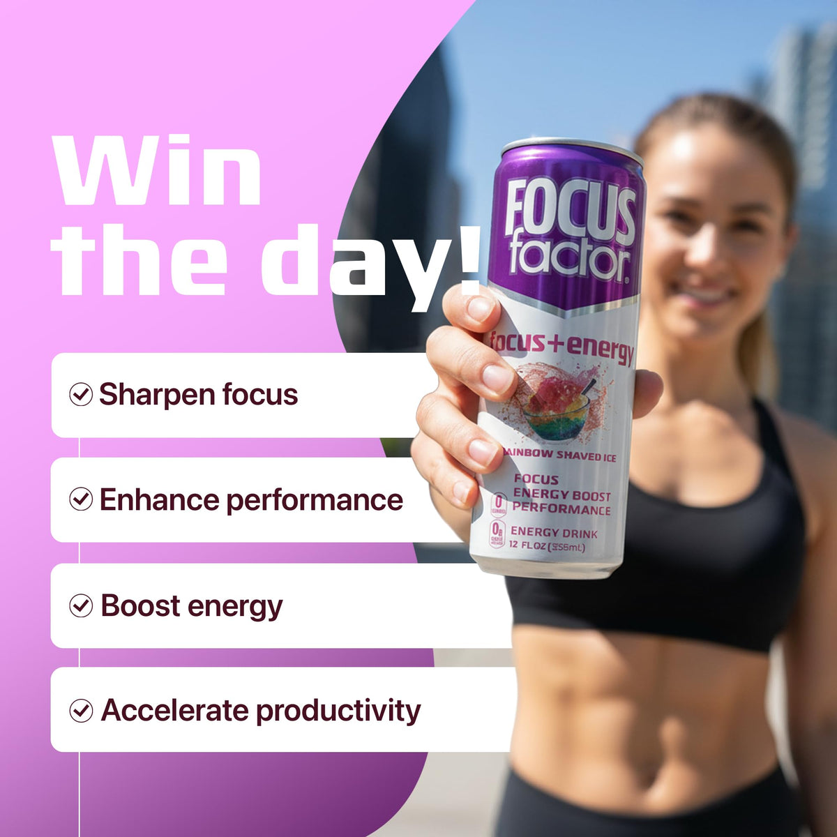 Focus Factor Energy Drink Rainbow Shaved Ice - 12 x 355ml Cans | Sugar Free, Low Calorie, with Vitamin B6 & B12