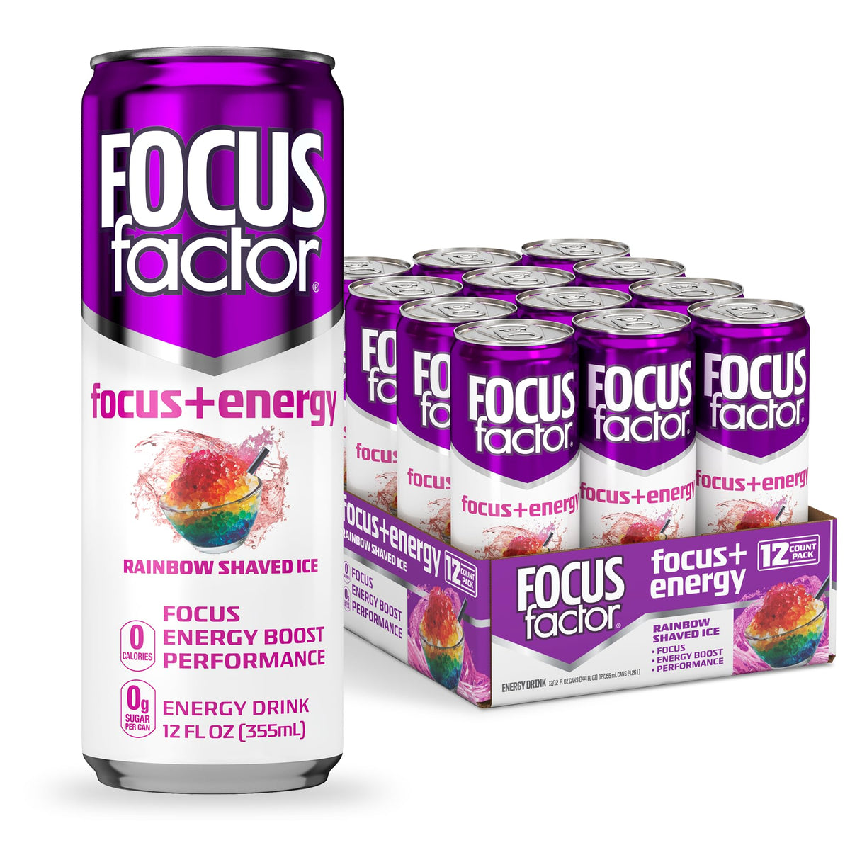 Focus Factor Energy Drink Rainbow Shaved Ice - 12 x 355ml Cans | Sugar Free, Low Calorie, with Vitamin B6 & B12