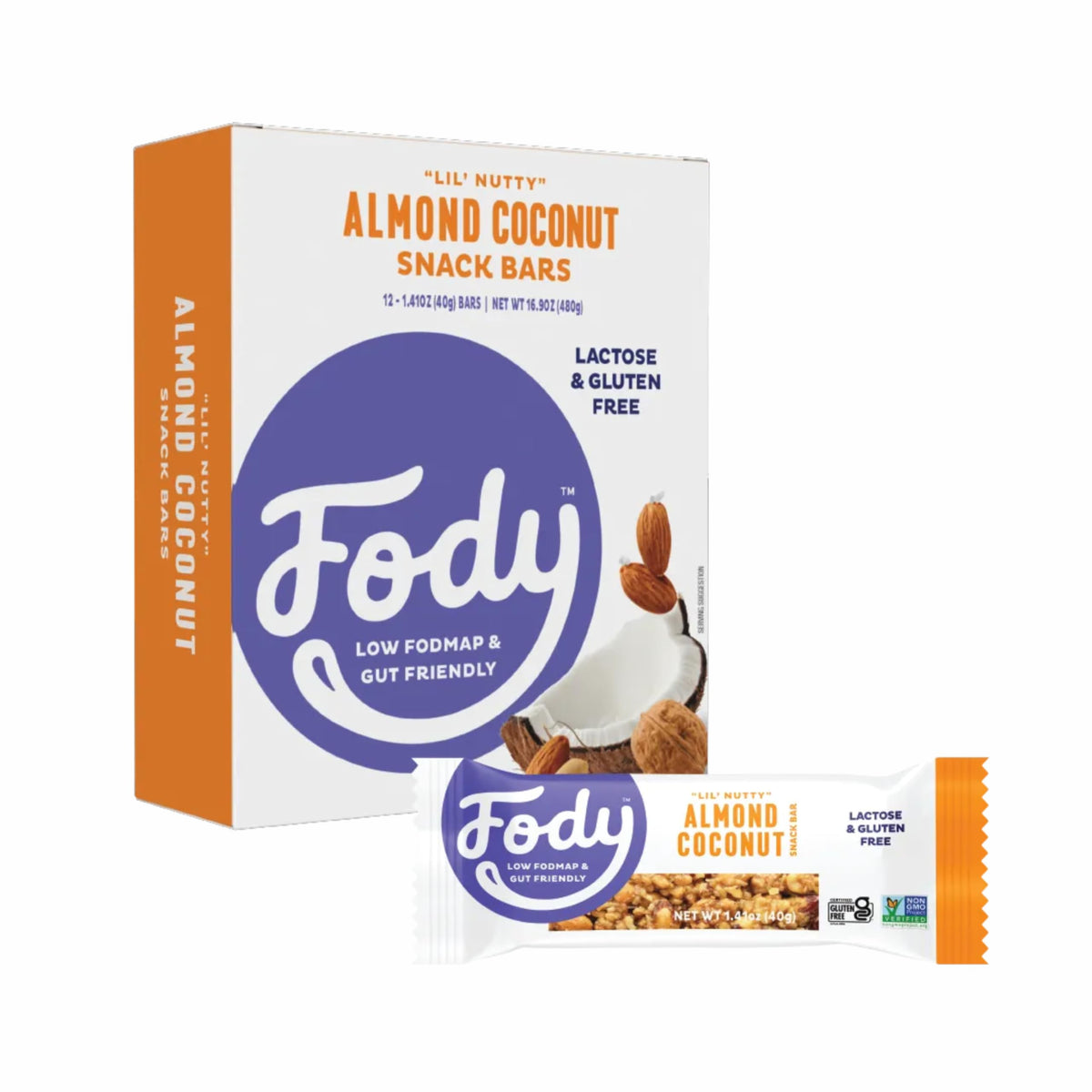 Fody Foods Snack Bars, Almond Coconut – 12 Pack, 6g Protein, Low FODMAP, IBS-Friendly, Vegan