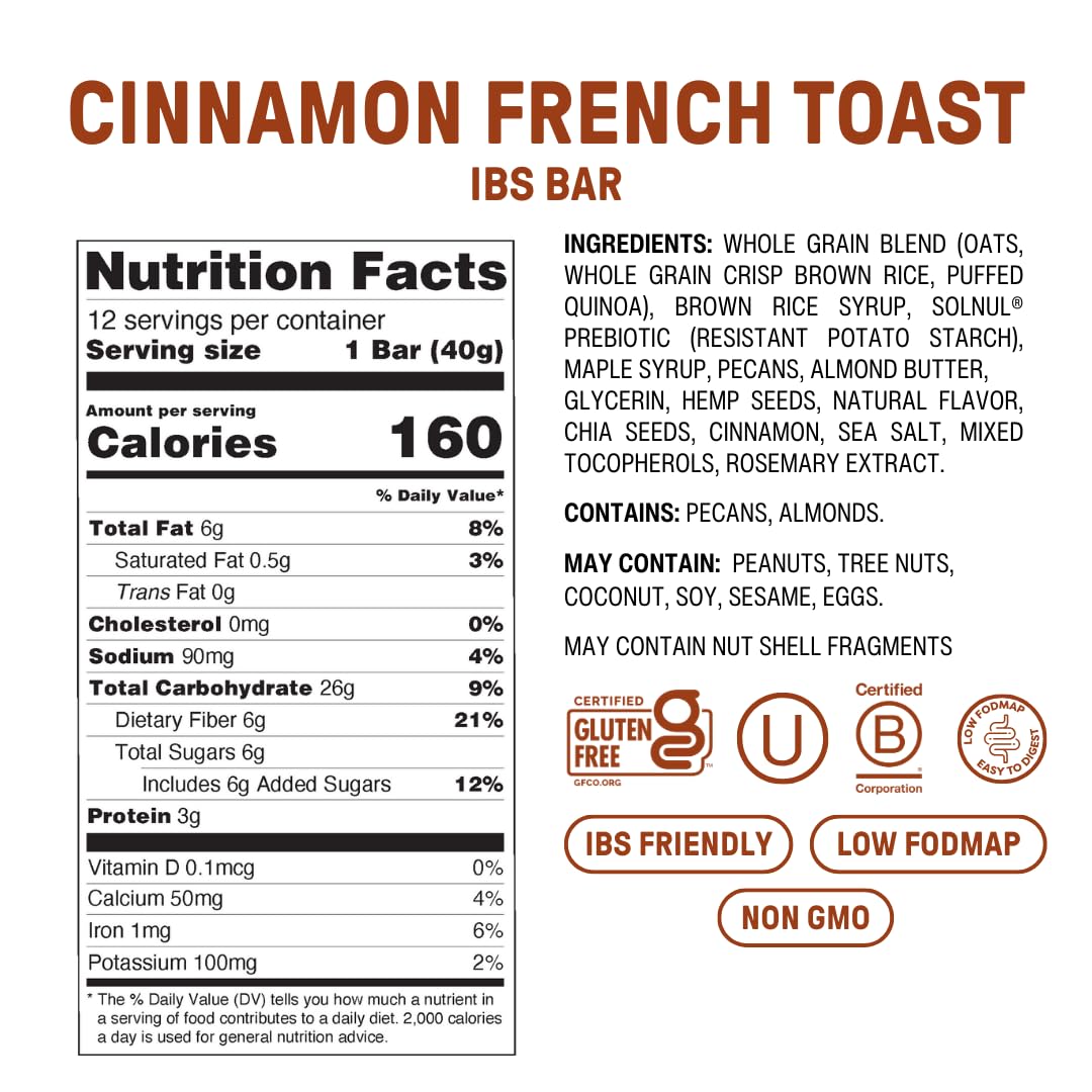 Fody Cinnamon French Toast IBS Snack Bars — 12 Pack, Low FODMAP, Lactose Free, Gluten Free