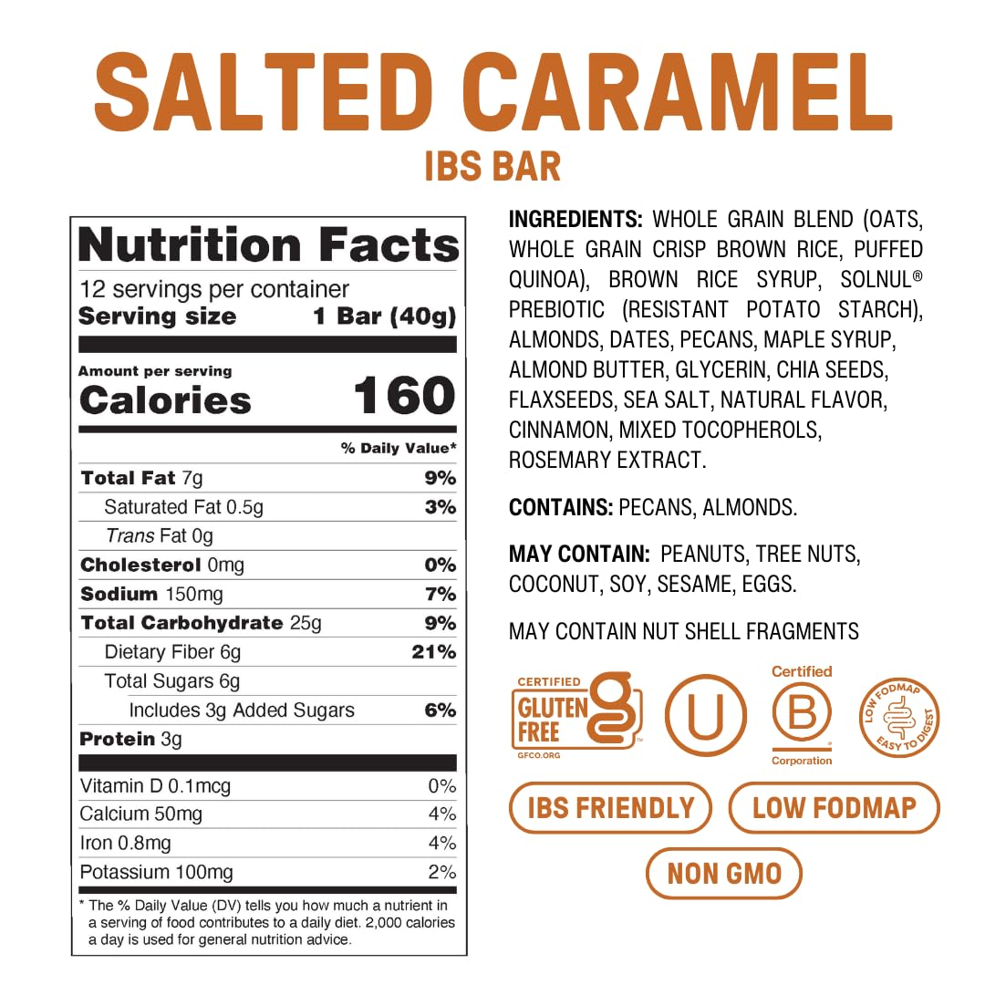 Fody Salted Caramel IBS Snack Bars — Pack of 12, 6g Prebiotic Fiber, Low FODMAP, Gluten & Lactose Free