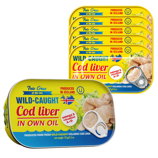 Foie Gras of the Sea Icelandic Cod Liver – Wild Caught in Own Oil, 4.3 oz (6 Pack) – Gourmet, Omega-3, Kosher