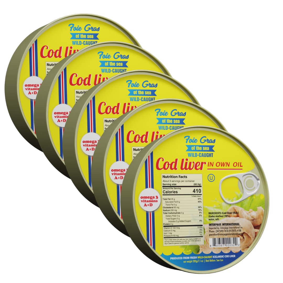 Foie Gras of the Sea: Icelandic Wild-Caught Cod Liver in Own Oil – 7.1 oz Pack of 5 | Natural Omega-3 & Vitamins A/D