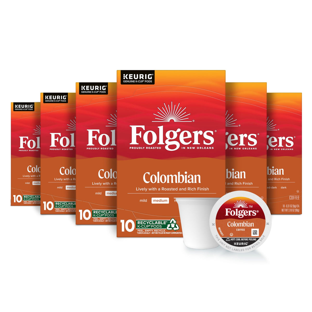 Folgers Colombian Coffee K-Cup Pods – Medium Roast, 60 Pods (6 Boxes)
