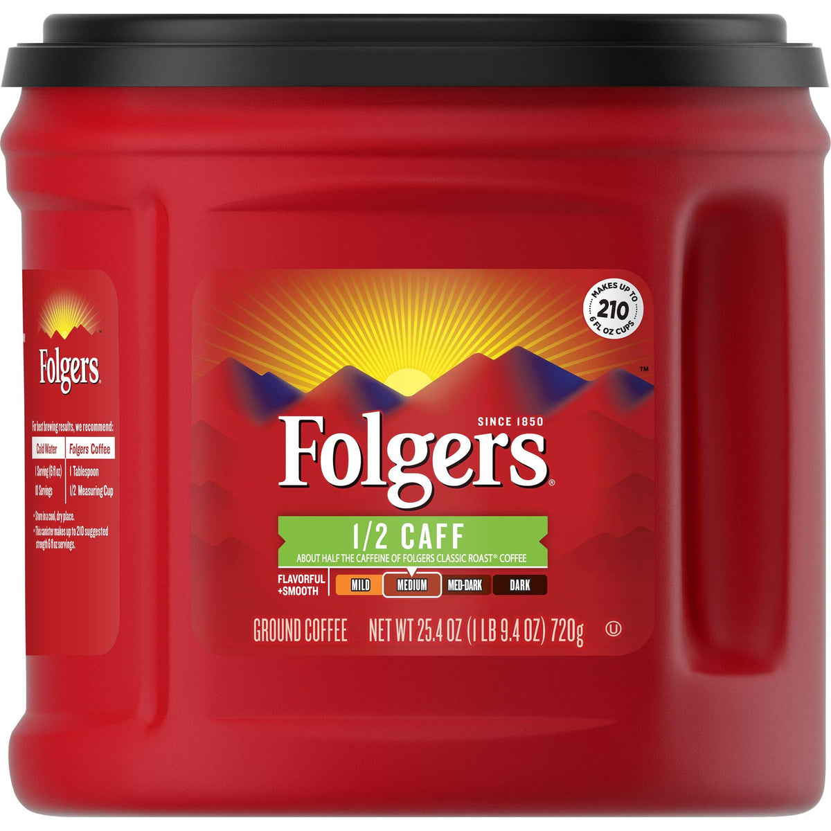 Folgers Half Caff Coffee – 25.4 oz Canister, Medium Roast, Half Caffeine