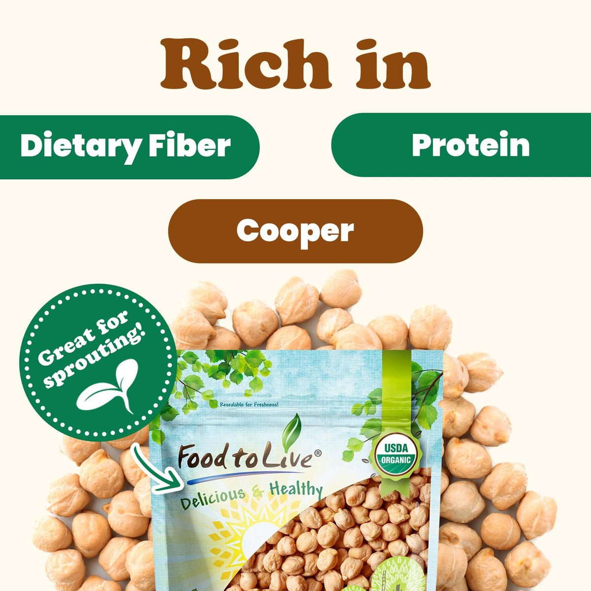 Food to Live Organic Garbanzo Beans 15 lb Bulk – Dried Chickpeas Non-GMO Kosher Raw Sproutable