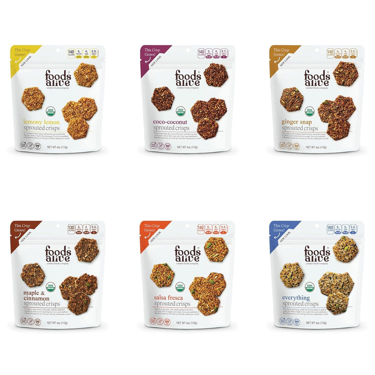 Foods Alive Sweet + Savory Organic Sprouted Crisps Bundle – 6 Flavors, Gluten Free, 4oz Each