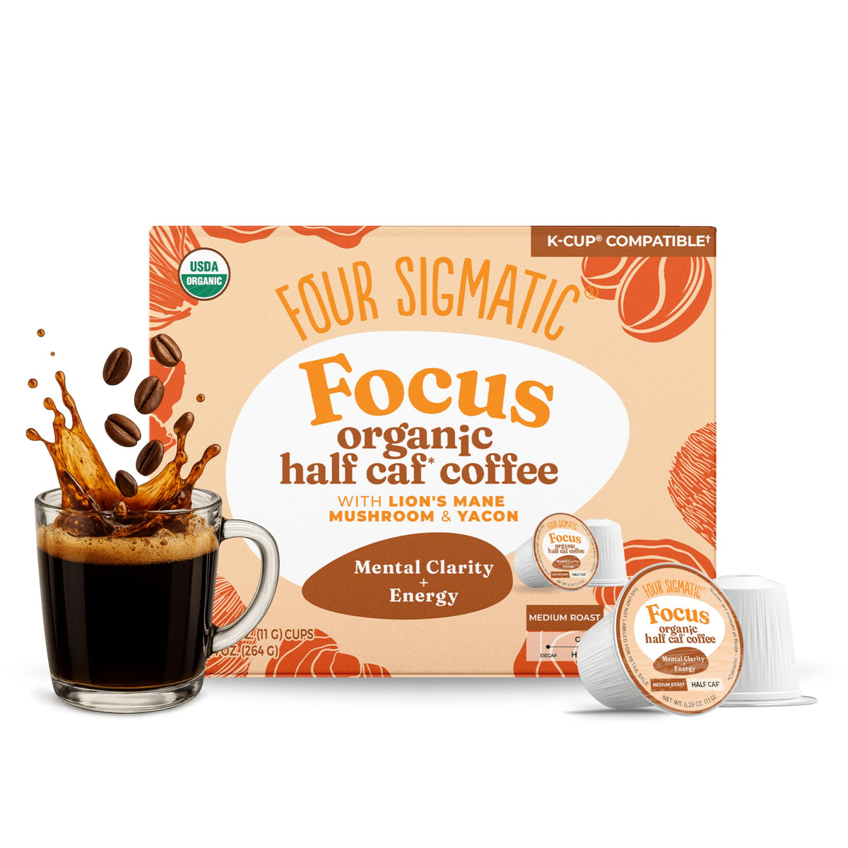 Four Sigmatic Focus Organic Half Caf Coffee Pods – Lion’s Mane, Medium Roast Arabica, K-Cup Compatible (24 Count)