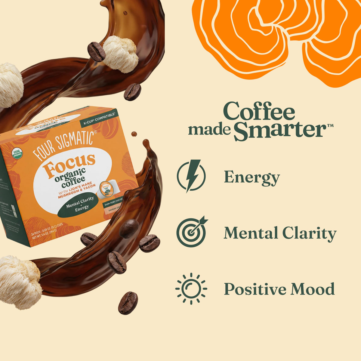 Four Sigmatic Mushroom Coffee K-Cups — Organic Dark Roast with Lion’s Mane & Yacon | Focus, Creativity, Vegan & Keto | 24 Count