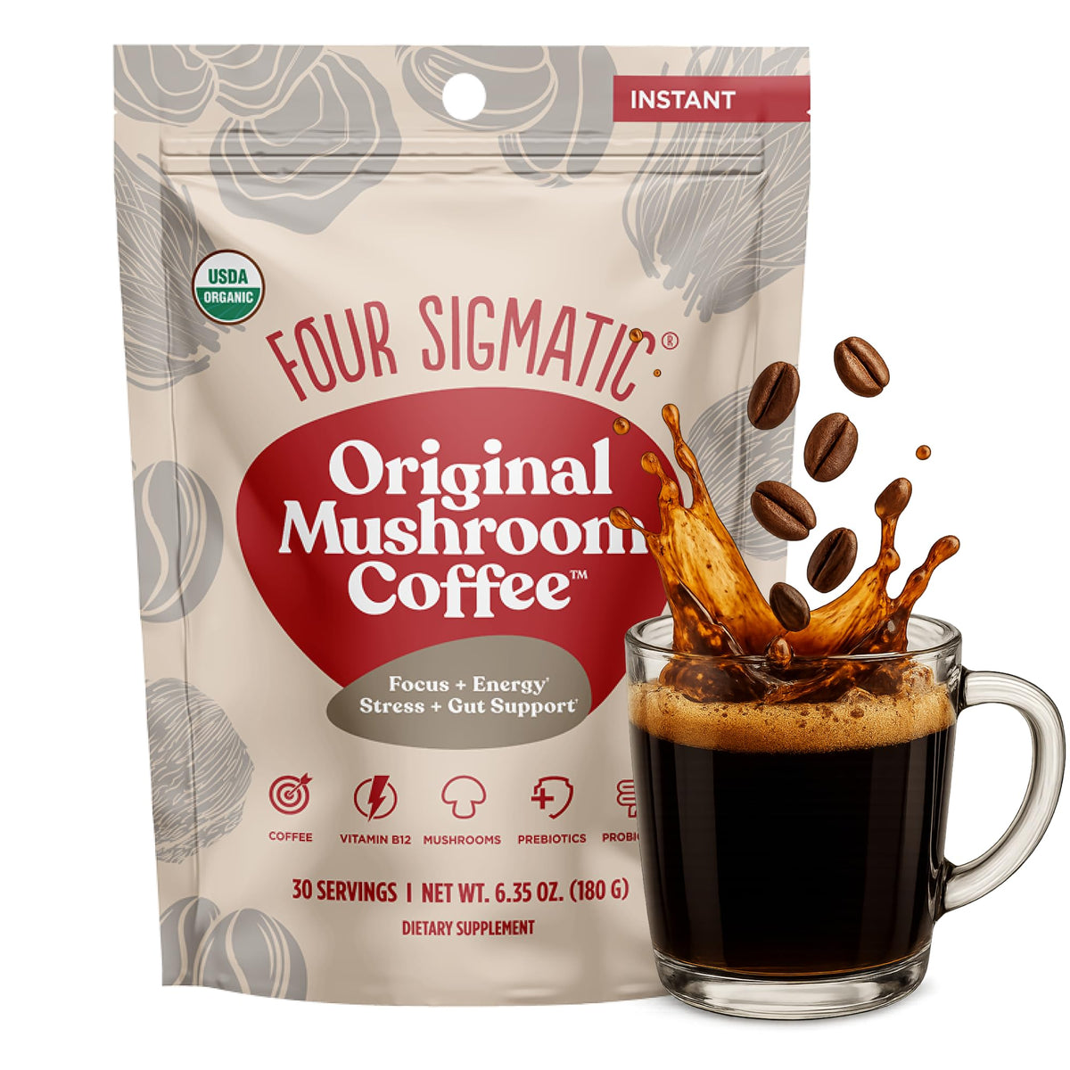 Four Sigmatic Original Mushroom Coffee – 1500mg Mushroom Blend for Focus & Energy | 30 Servings