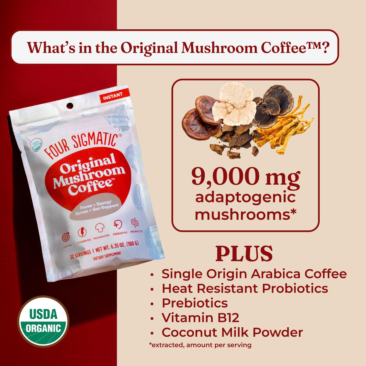 Four Sigmatic Original Mushroom Coffee – 1500mg Mushroom Blend for Focus & Energy | 30 Servings
