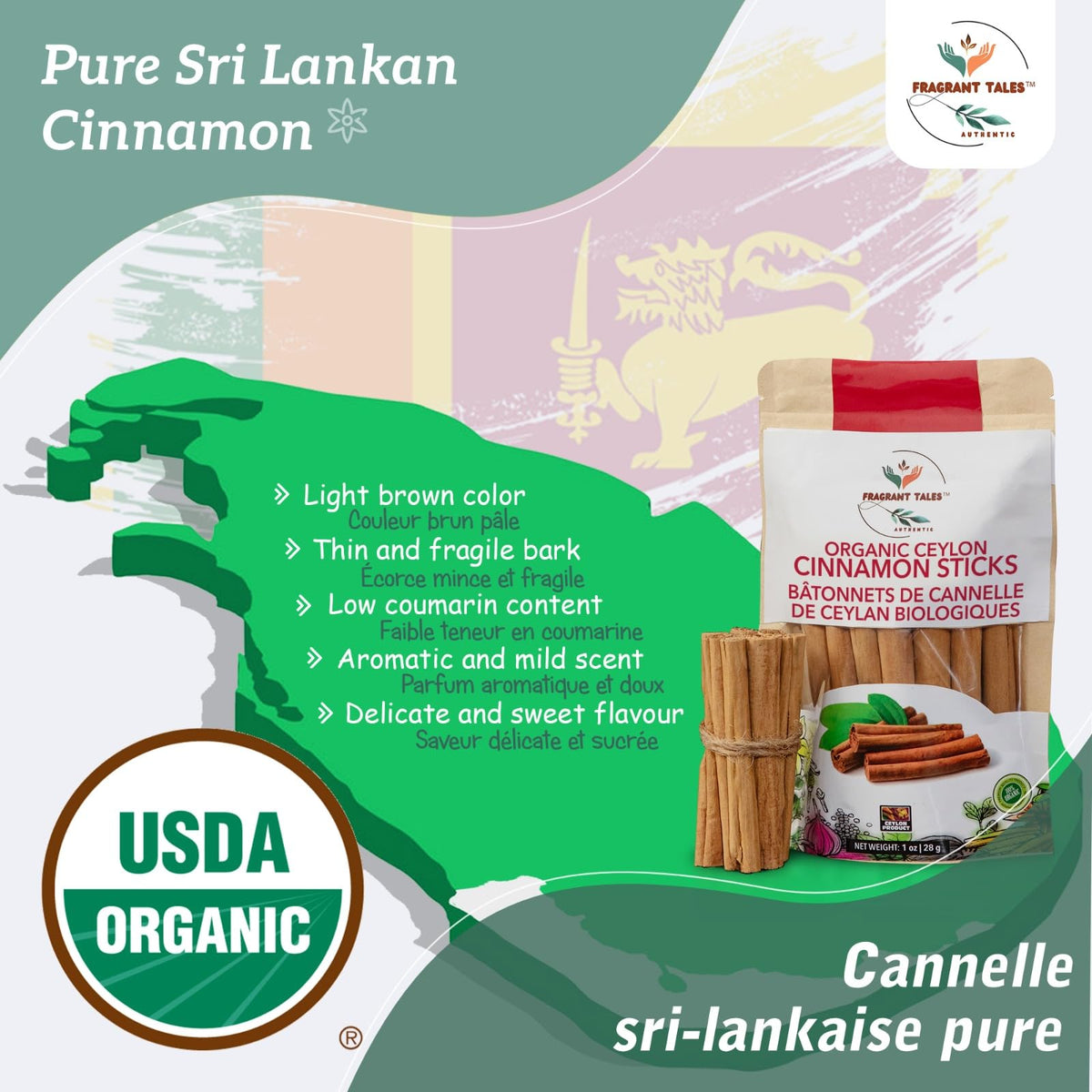 Fragrant Tales Premium Organic Ceylon Cinnamon Sticks - 1 lb | True Ceylon, USDA Certified Organic, Non-GMO, Gluten-Free