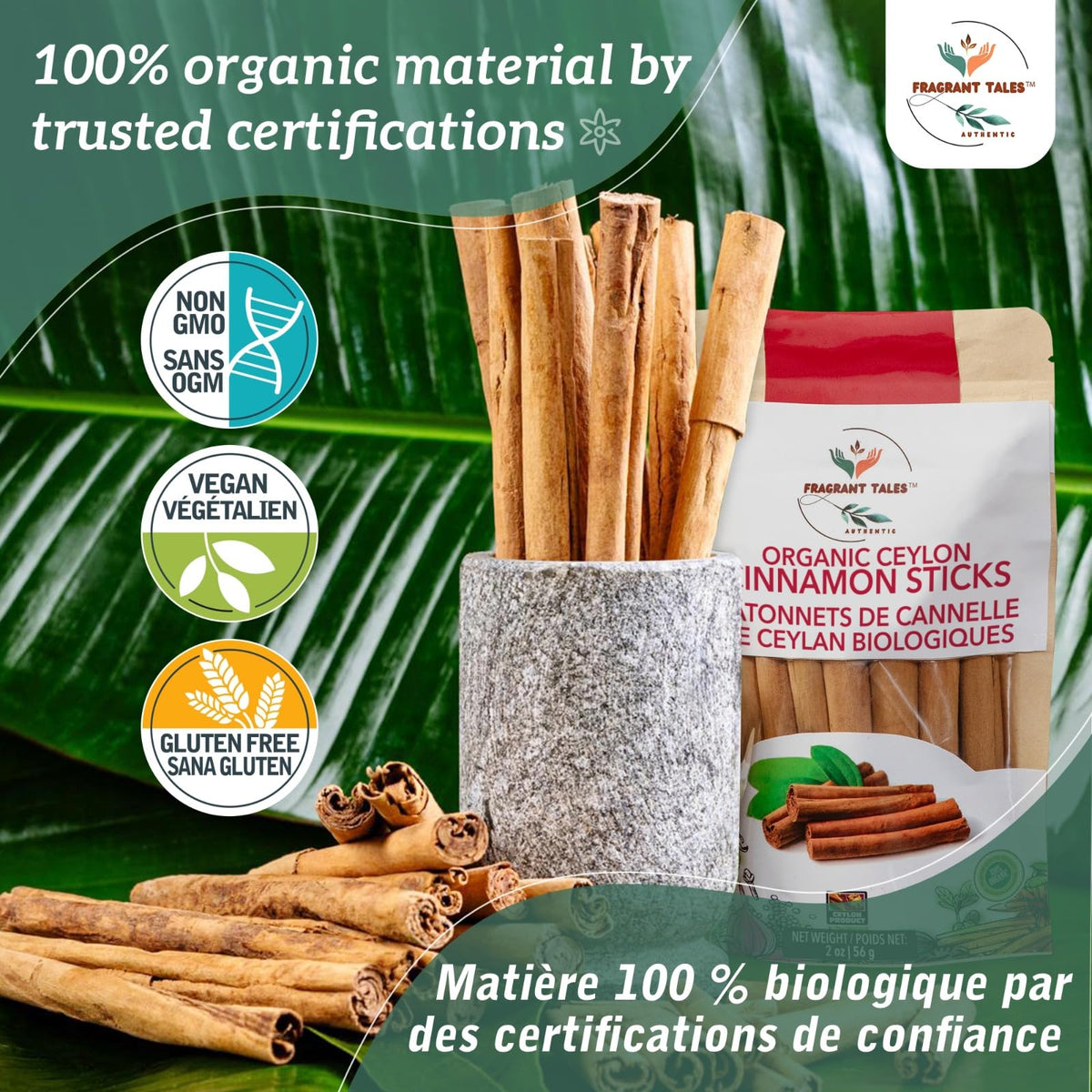 Fragrant Tales Premium Organic Ceylon Cinnamon Sticks - 1 lb | True Ceylon, USDA Certified Organic, Non-GMO, Gluten-Free