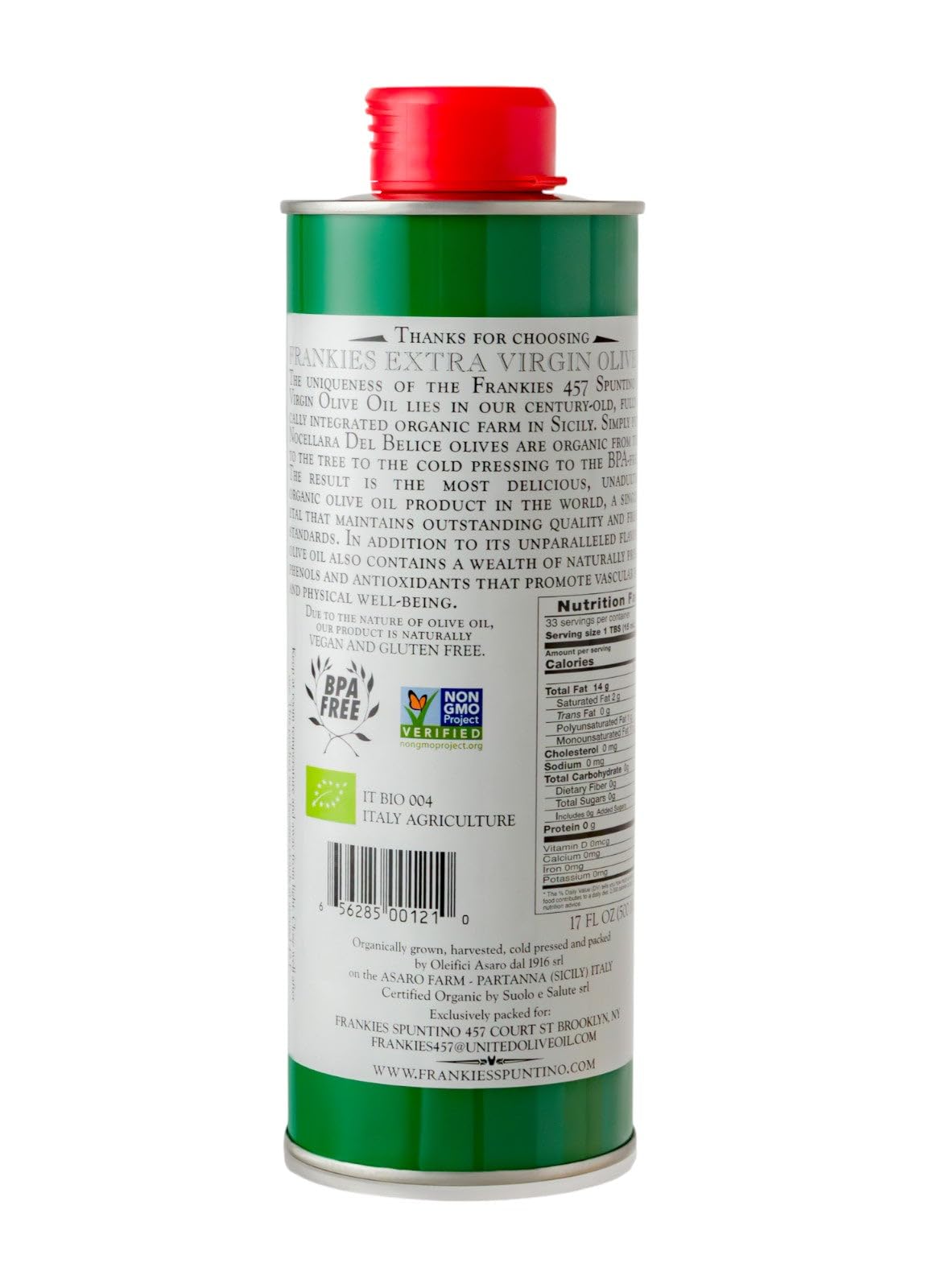 Frankies 457 Organic EVOO – Castelvetrano Olives, Sicily – First Cold Pressed