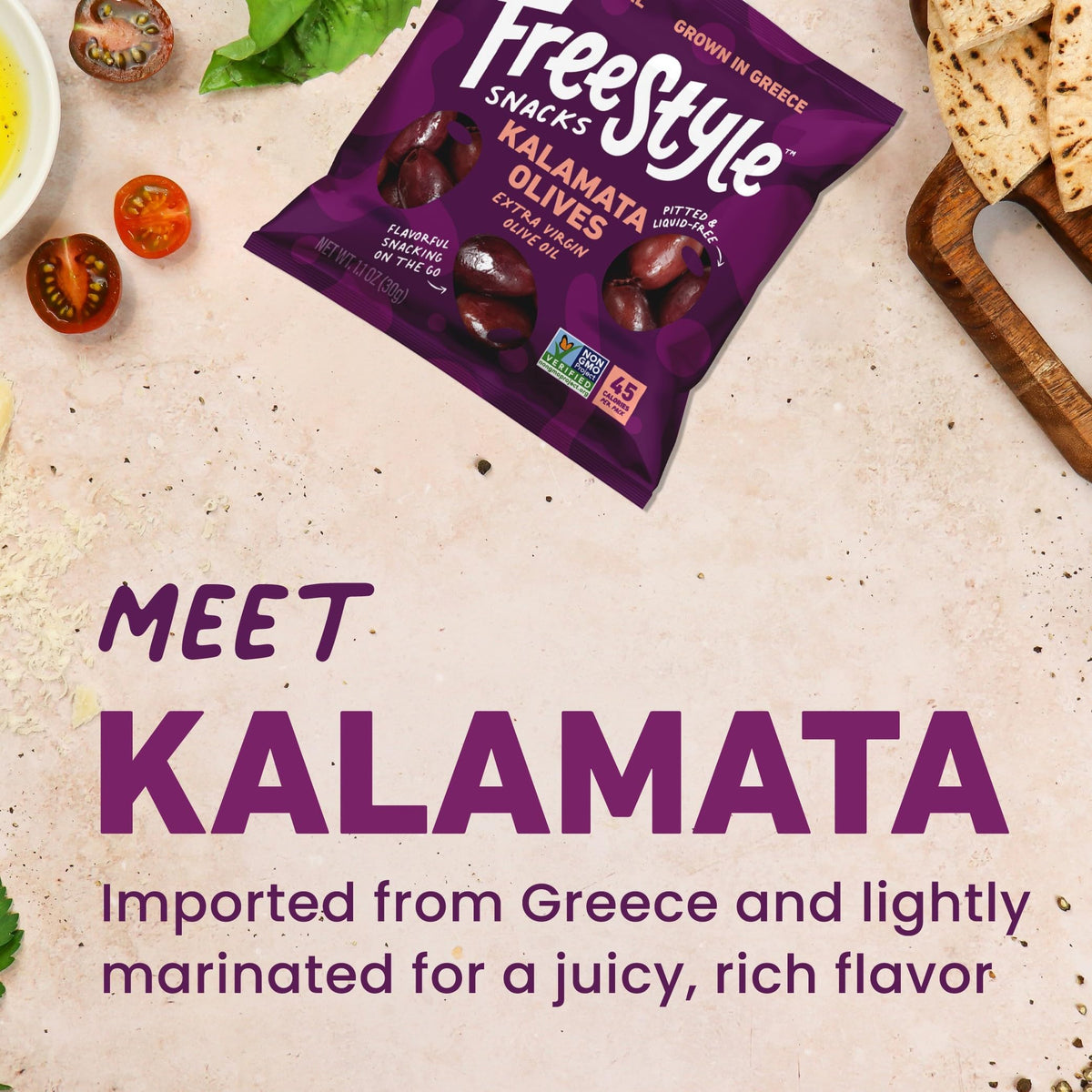 Freestyle Snacks Olive Snack Packs – 24-Pack Variety (Original Green, Hot & Spicy, Lemon Garlic, Kalamata)