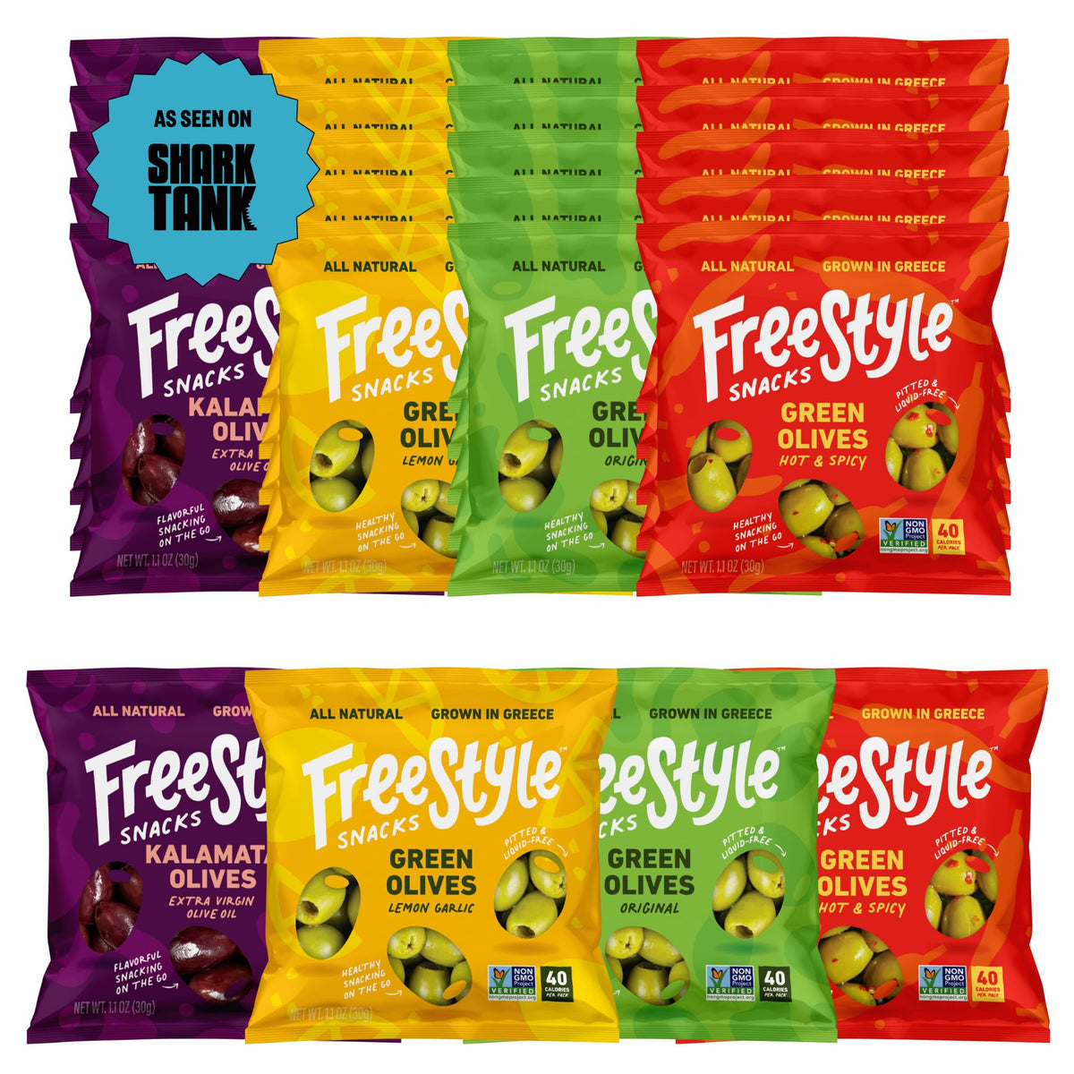 Freestyle Snacks Olive Snack Packs – 24-Pack Variety (Original Green, Hot & Spicy, Lemon Garlic, Kalamata)