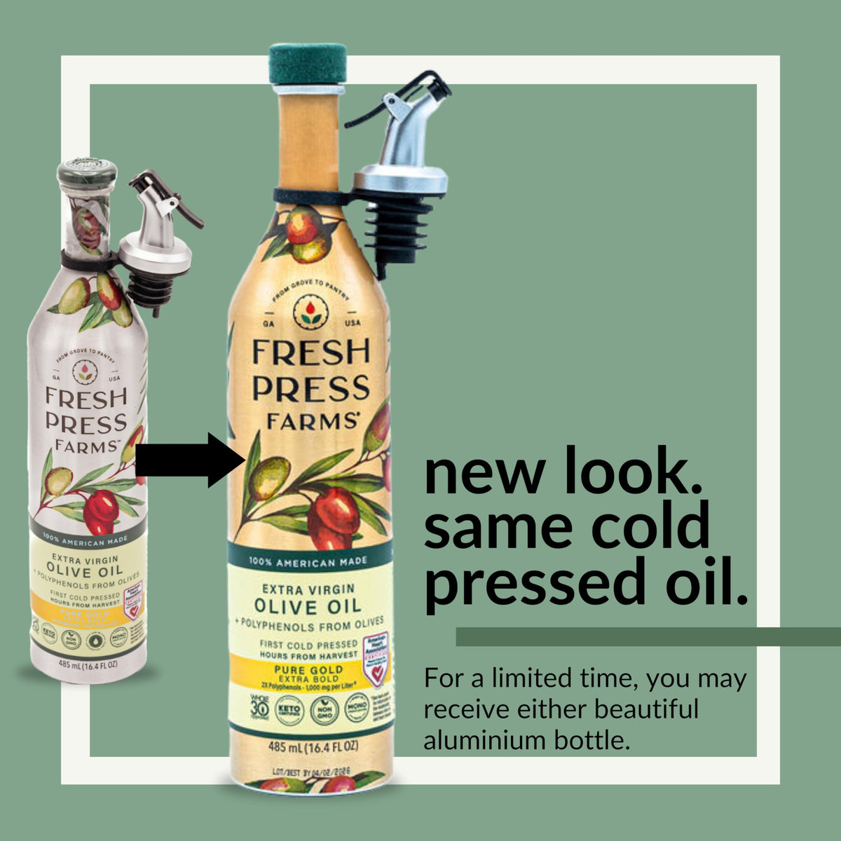Fresh Press Farms Cold Pressed High Polyphenol Pure Gold EVOO – 16.4 oz x 2, Georgia Grown, 100% American Made