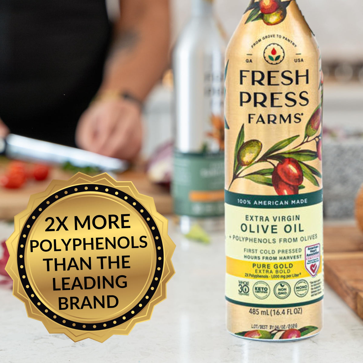 Fresh Press Farms Cold Pressed High Polyphenol Pure Gold EVOO – 16.4 oz x 2, Georgia Grown, 100% American Made