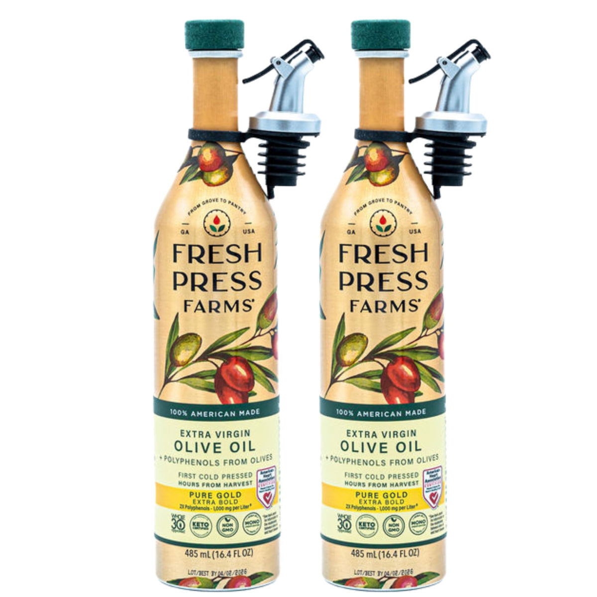 Fresh Press Farms Cold Pressed High Polyphenol Pure Gold EVOO – 16.4 oz x 2, Georgia Grown, 100% American Made