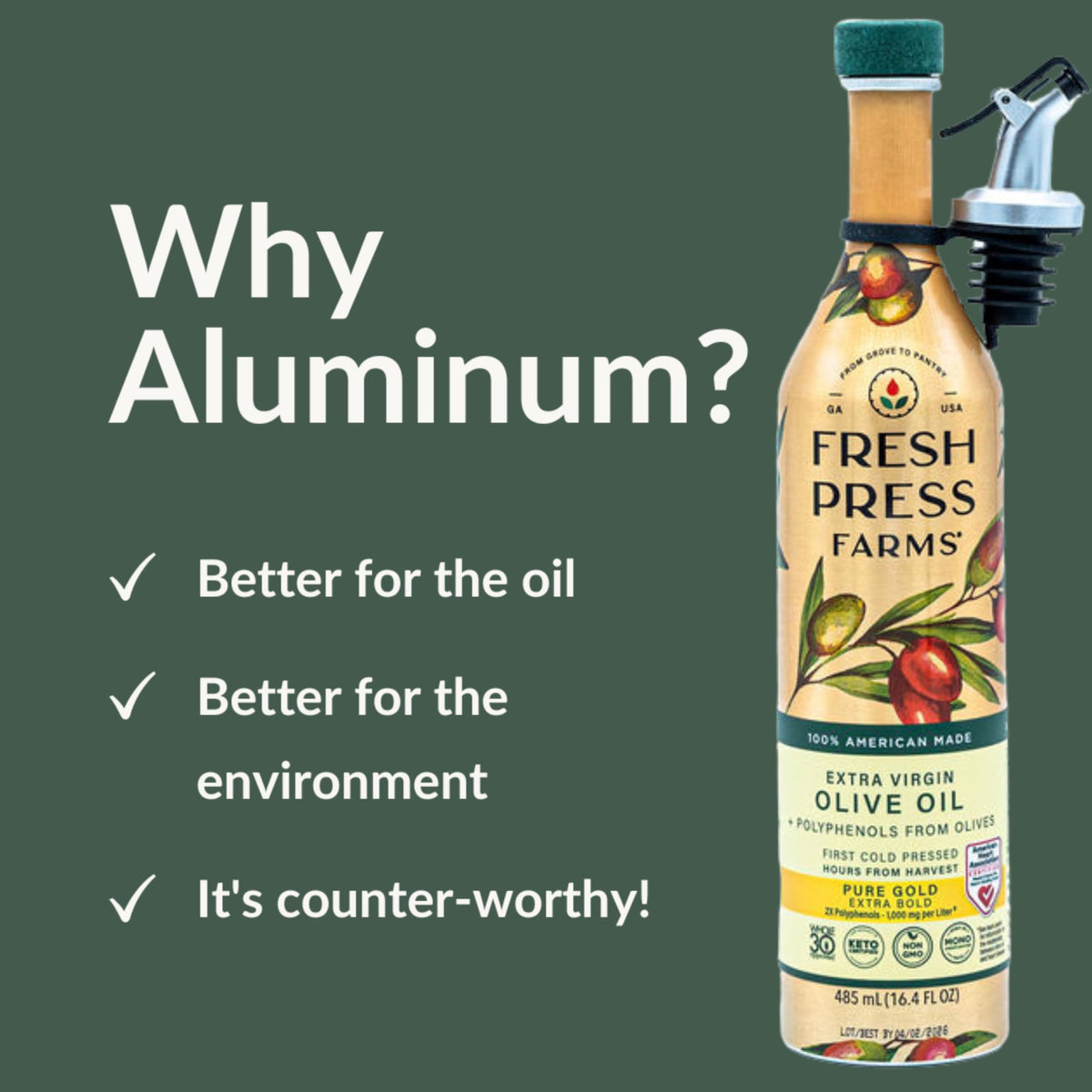 Fresh Press Farms Cold Pressed High Polyphenol Pure Gold EVOO – 16.4 oz x 2, Georgia Grown, 100% American Made