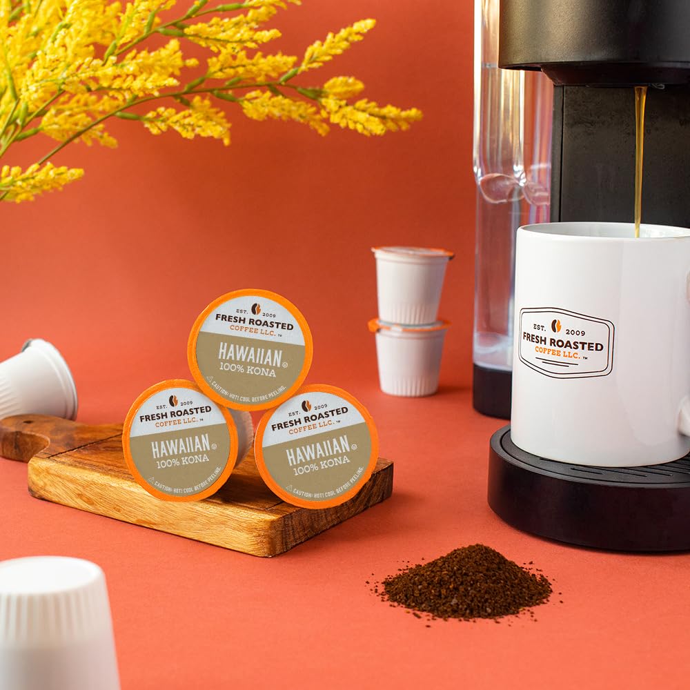 Fresh Roasted Coffee 100% Hawaiian Kona Pods – Medium Roast, Kosher, K-Cup Compatible (24 Pods)
