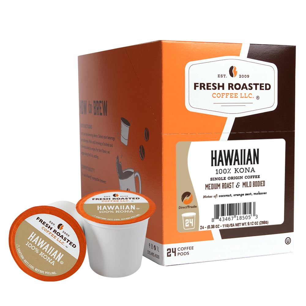 Fresh Roasted Coffee 100% Hawaiian Kona Pods – Medium Roast, Kosher, K-Cup Compatible (24 Pods)
