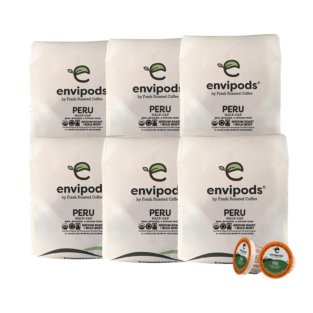 Fresh Roasted Coffee USDA Organic Peru Half Caf Envipods — Water-Processed, 72 Count K-Cup Pods