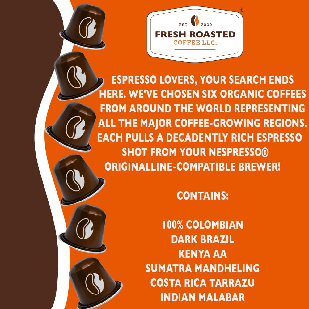 Fresh Roasted Coffee: Single-Origin Espresso Variety Pack — 12 Nespresso OriginalLine Capsules (Kosher)