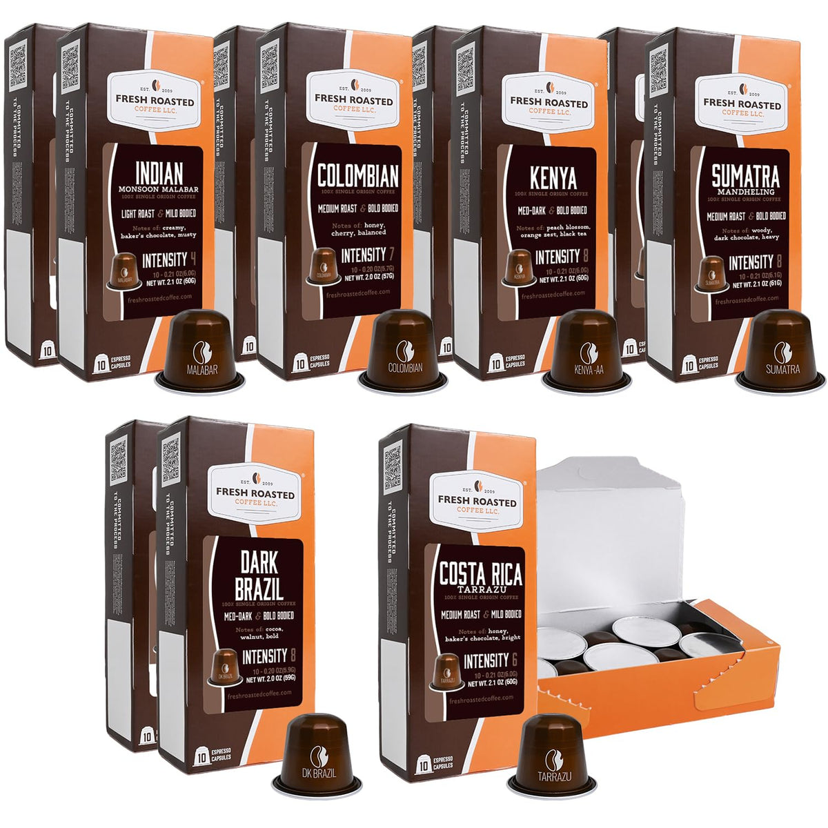 Fresh Roasted Coffee: Single-Origin Espresso Variety Pack — 12 Nespresso OriginalLine Capsules (Kosher)