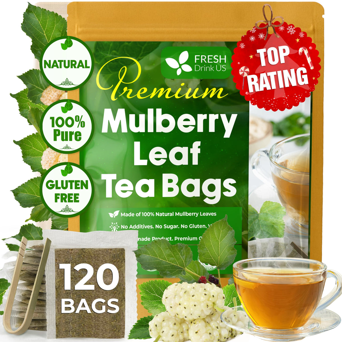 FreshDrinkUS Mulberry Leaf Tea Bags – 120 Count, 100% Natural & Caffeine-Free Herbal Tea