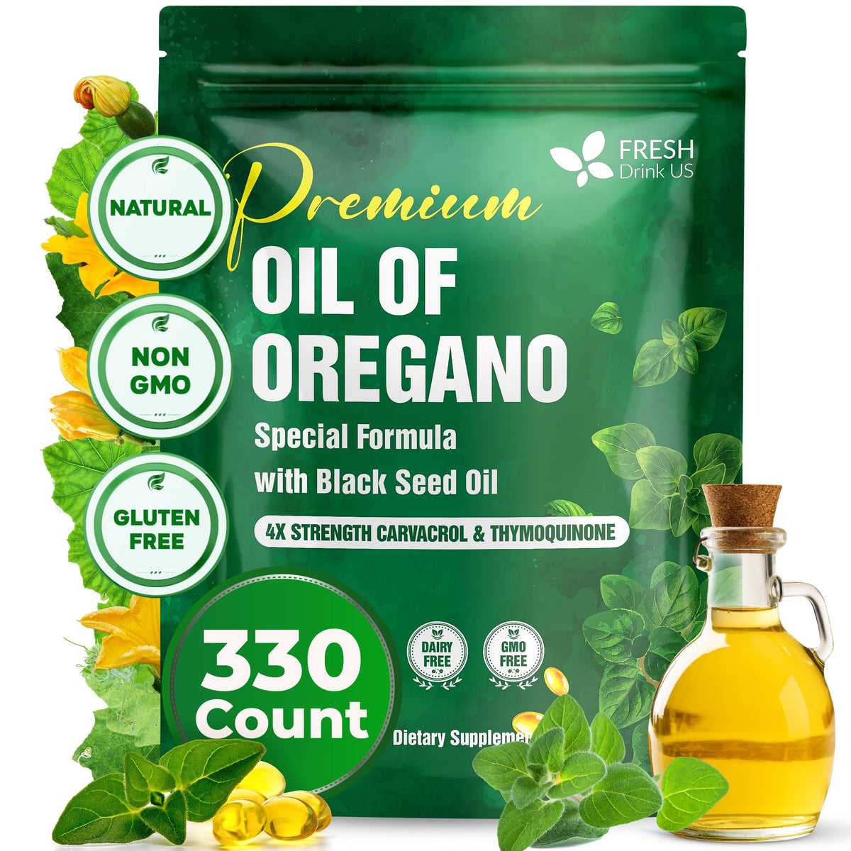 FreshDrinkUS Premium Oregano Oil Softgels – 330 Count | 300mg Oregano Oil + 200mg Black Seed