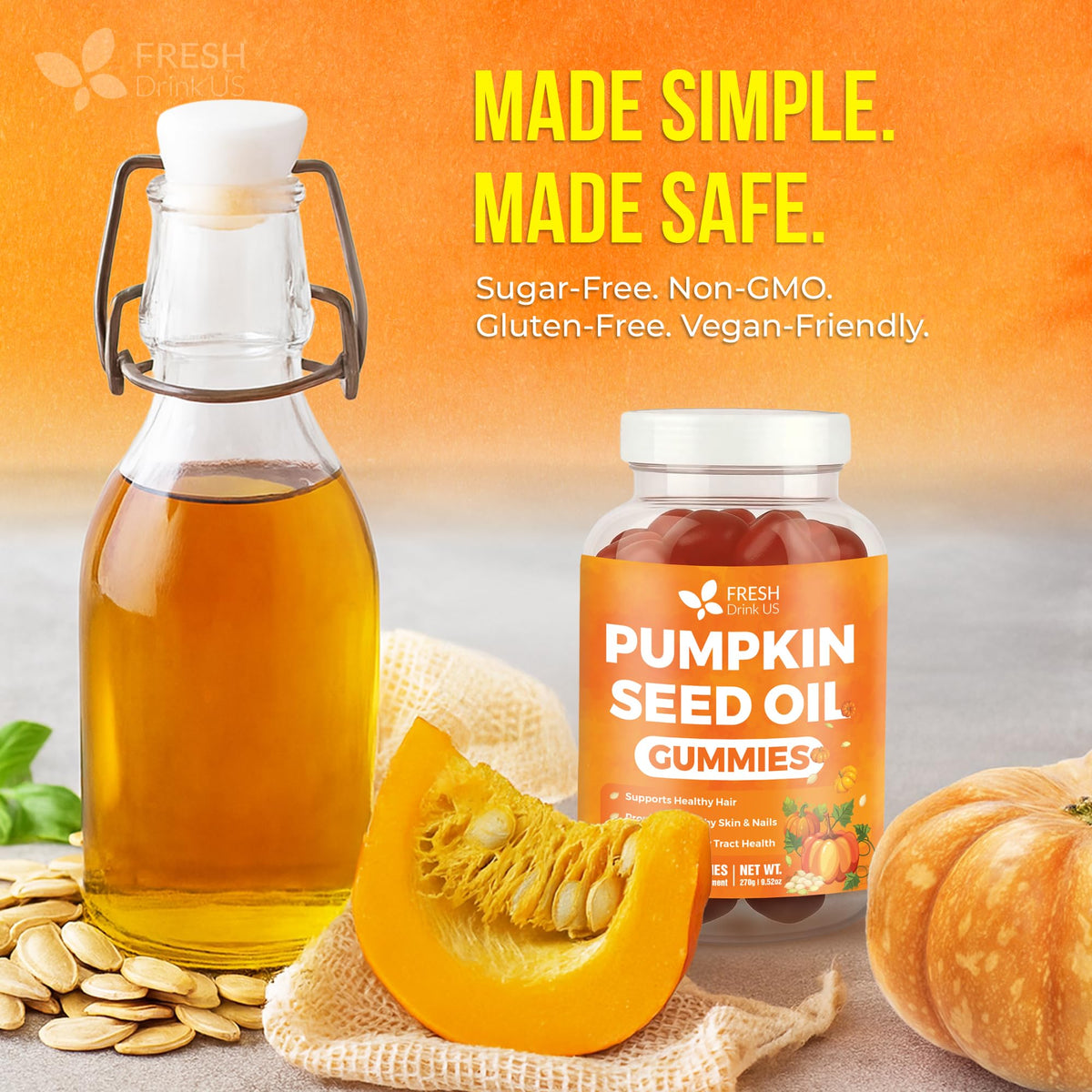 FreshDrinkUS Premium 90 Pumpkin Seed Oil Gummies — 4000mg/Serving, Hair & Skin Support