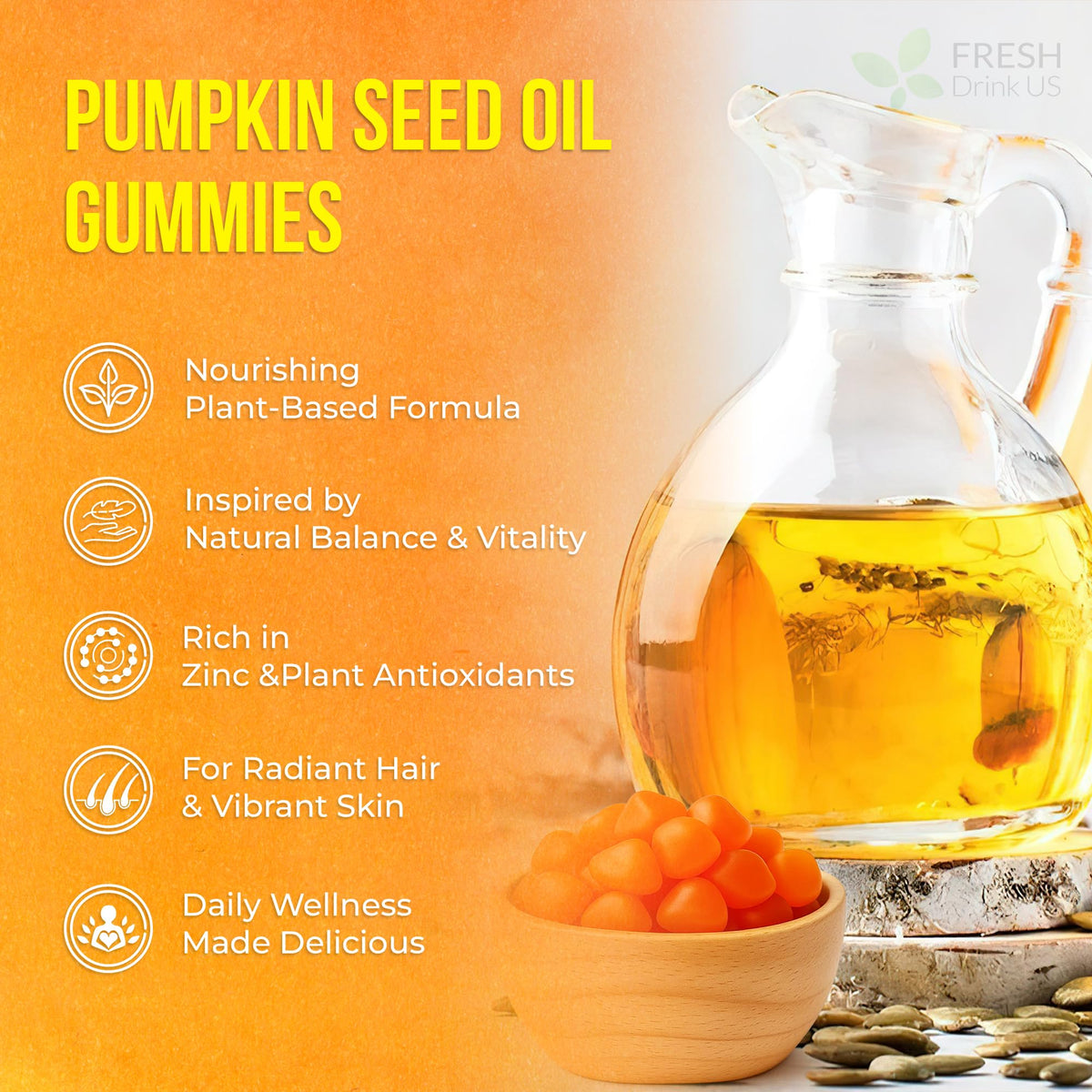 FreshDrinkUS Premium 90 Pumpkin Seed Oil Gummies — 4000mg/Serving, Hair & Skin Support