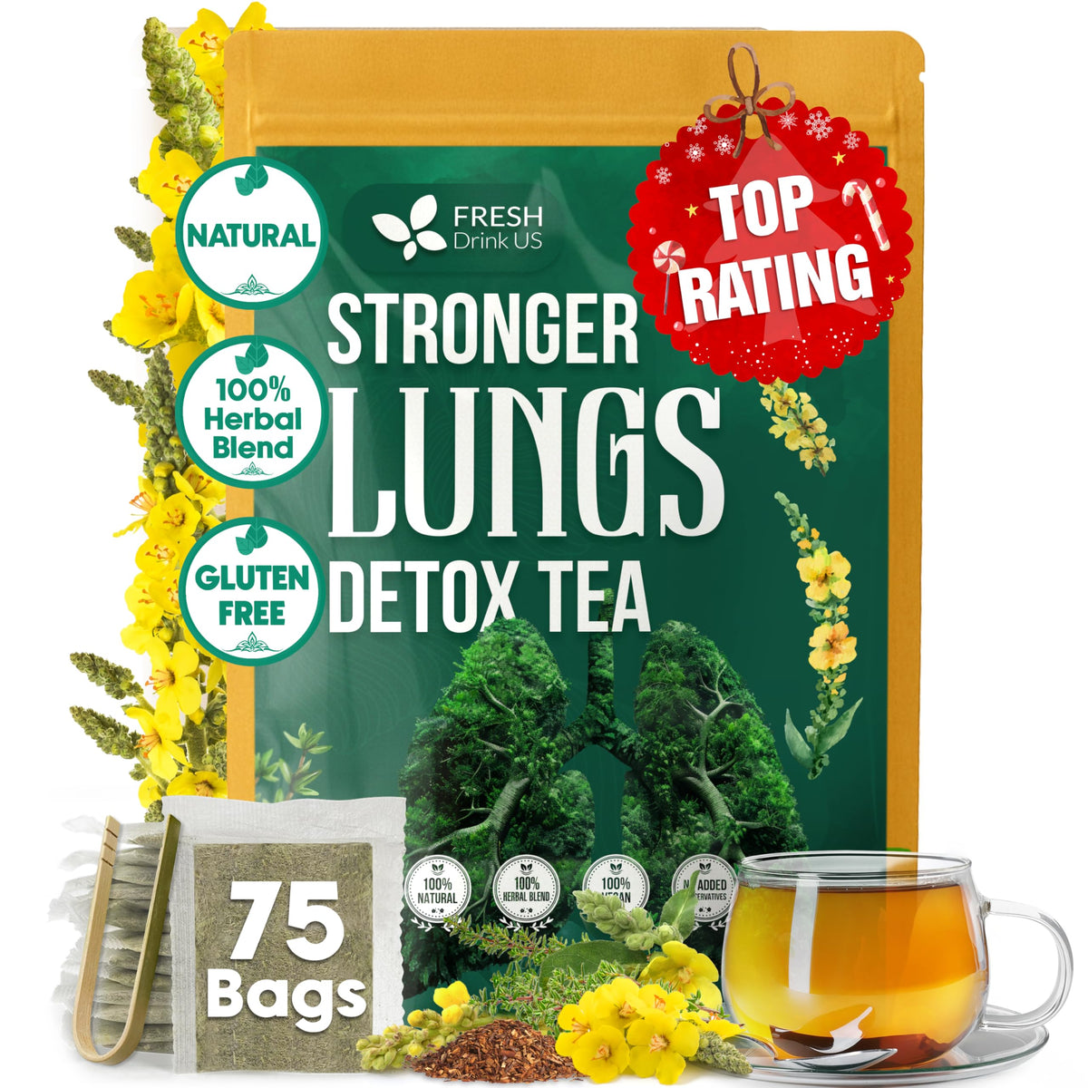 FreshDrinkUS StrongerLungs 75 Tea Bags – Mullein, Elderberry & Thyme