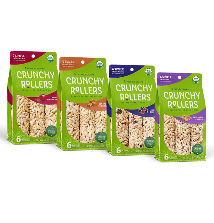 Friendly Grains Crunchy Rollers – Organic Puffed Rice Rolls Variety Box (4 Packs of 6)