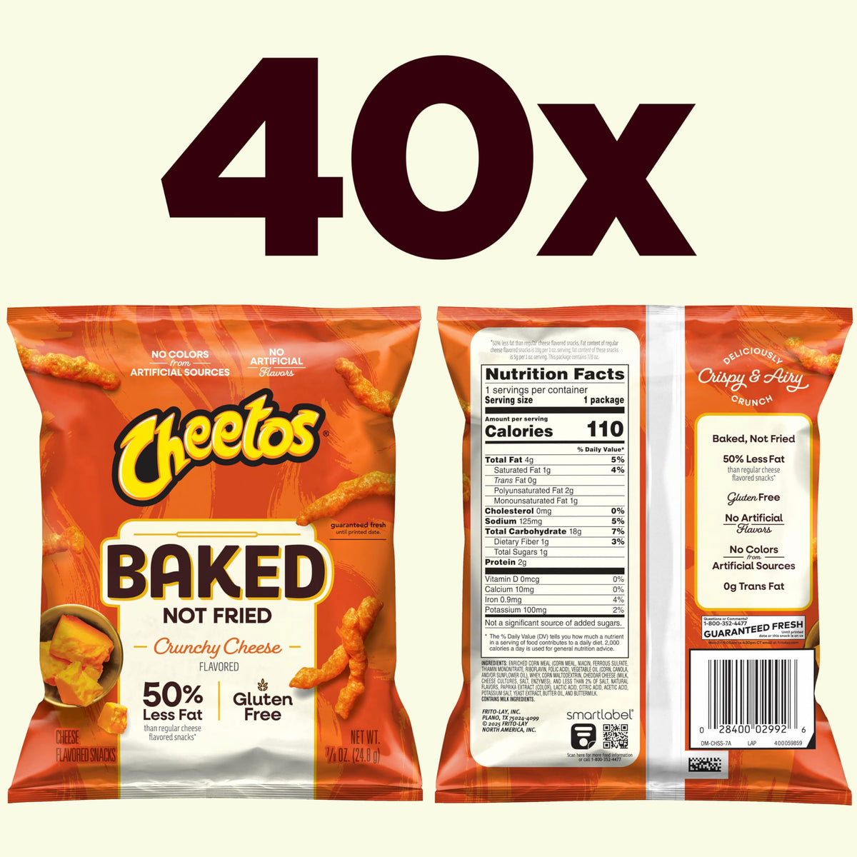 Frito-Lay Baked Cheetos Crunchy Cheese Snacks — 40 Pack, 0.875 oz Each, 50% Less Fat, Gluten Free