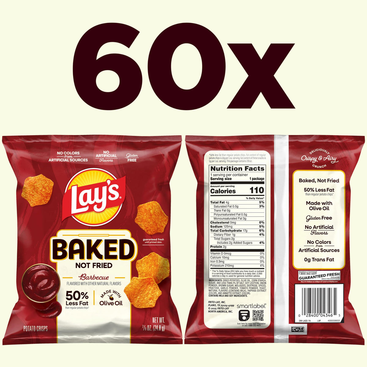 Frito Lay Baked Lay's Barbecue Chips – 60 Pack, 0.875 oz Each | 50% Less Fat, Gluten Free