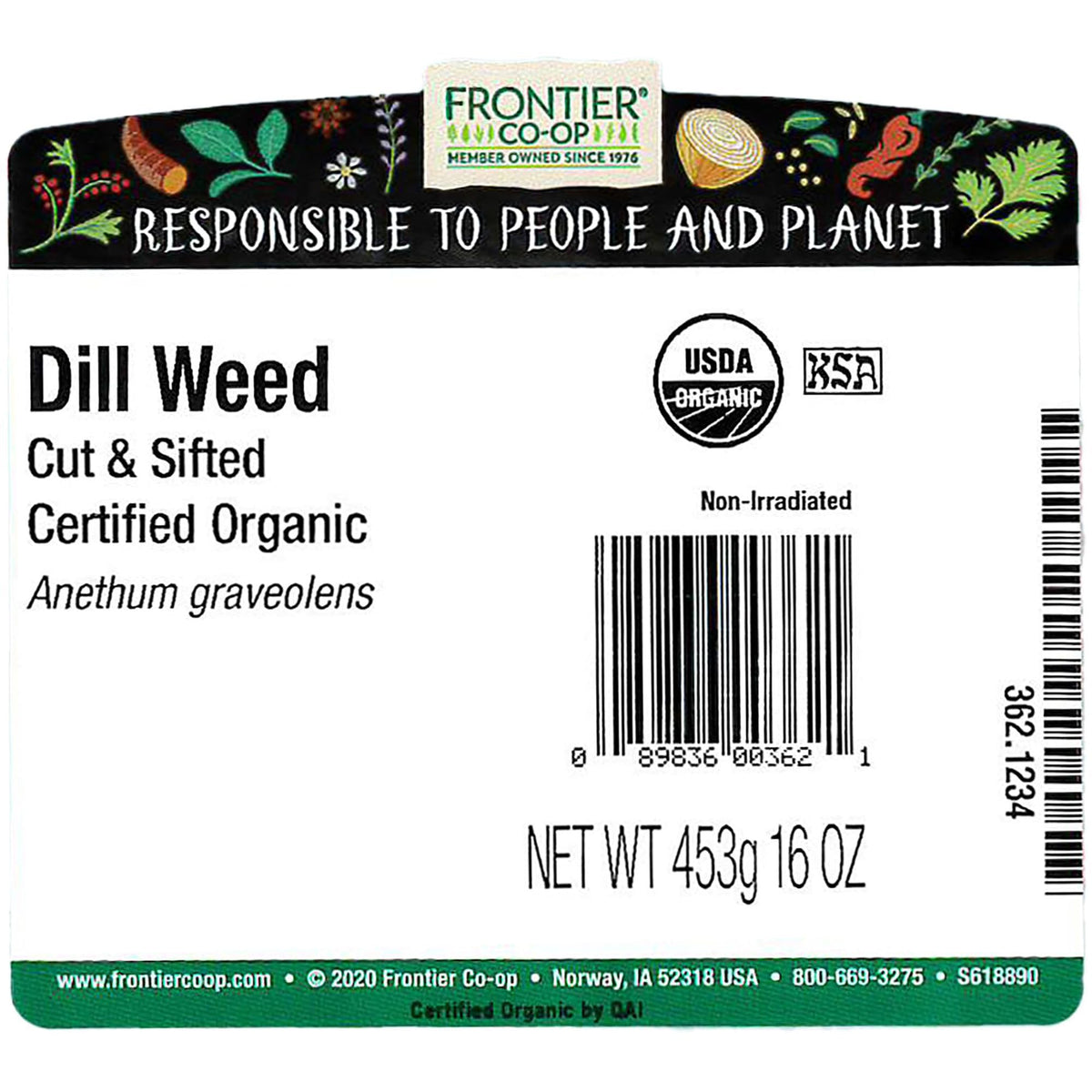 Frontier Co-op Dill Weed, Cut & Sifted — Organic, Kosher, 1 lb Bulk Bag