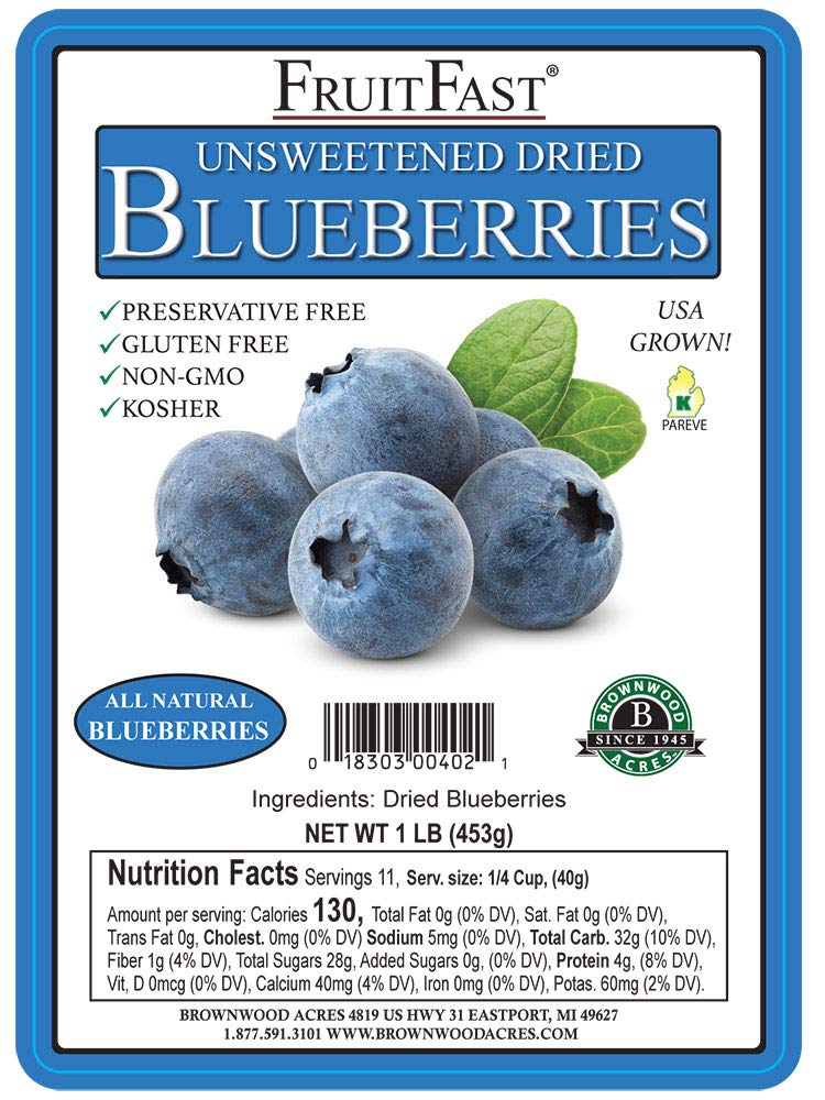 FruitFast Unsweetened Dried Blueberries by Brownwood Acres – 1 lb, Non-GMO, Gluten Free, Kosher, No Added Sugars