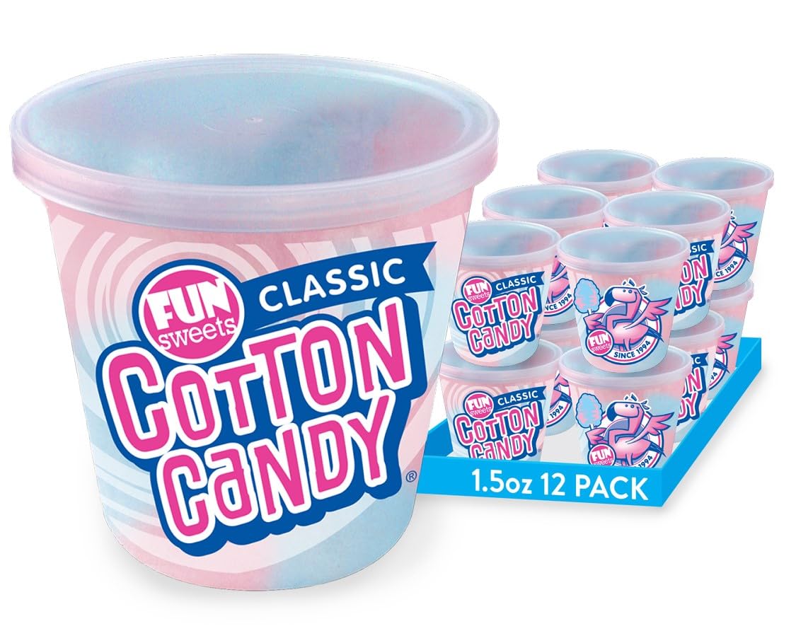 Fun Sweets Cotton Candy 12-Pack – Blue Raspberry & Cherry Swirl 1.5 oz Resealable Tubs for Parties & Easter